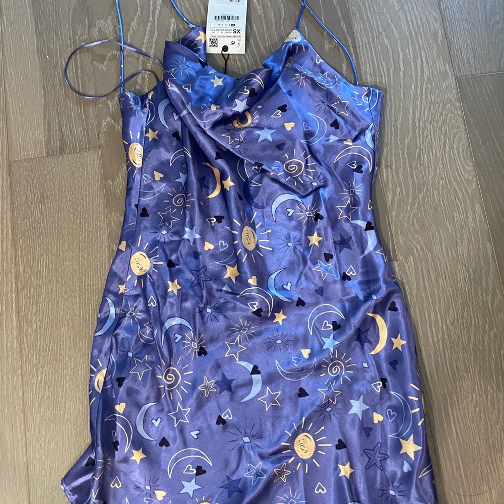 Zara satin effect dress stars moon blue xs